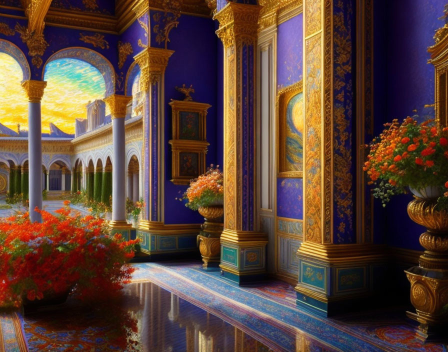 Opulent room with blue walls, gold details, and floral arrangements