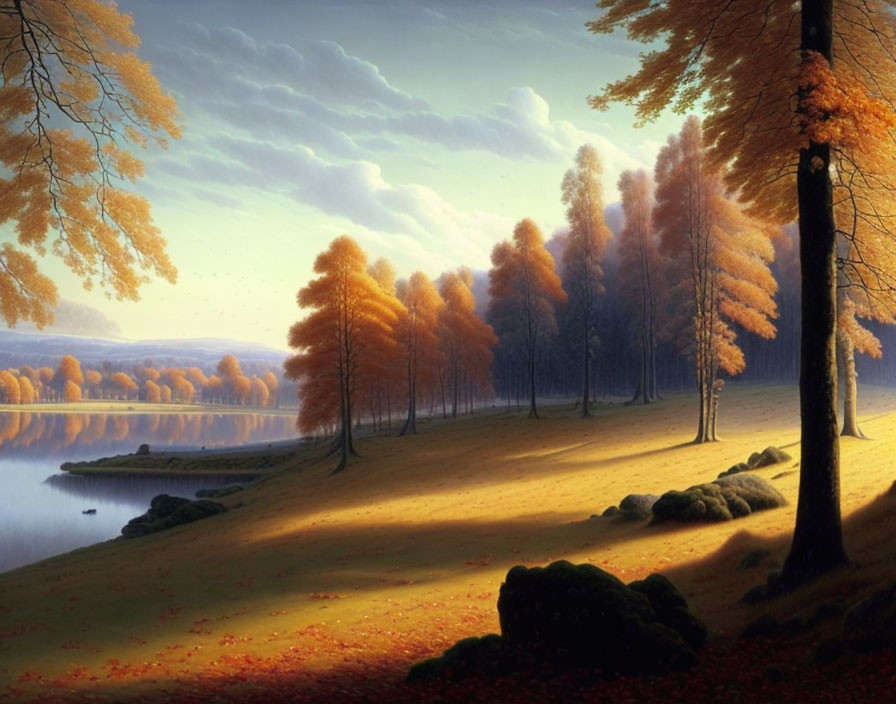 Tranquil autumn landscape with vibrant trees by a serene lake