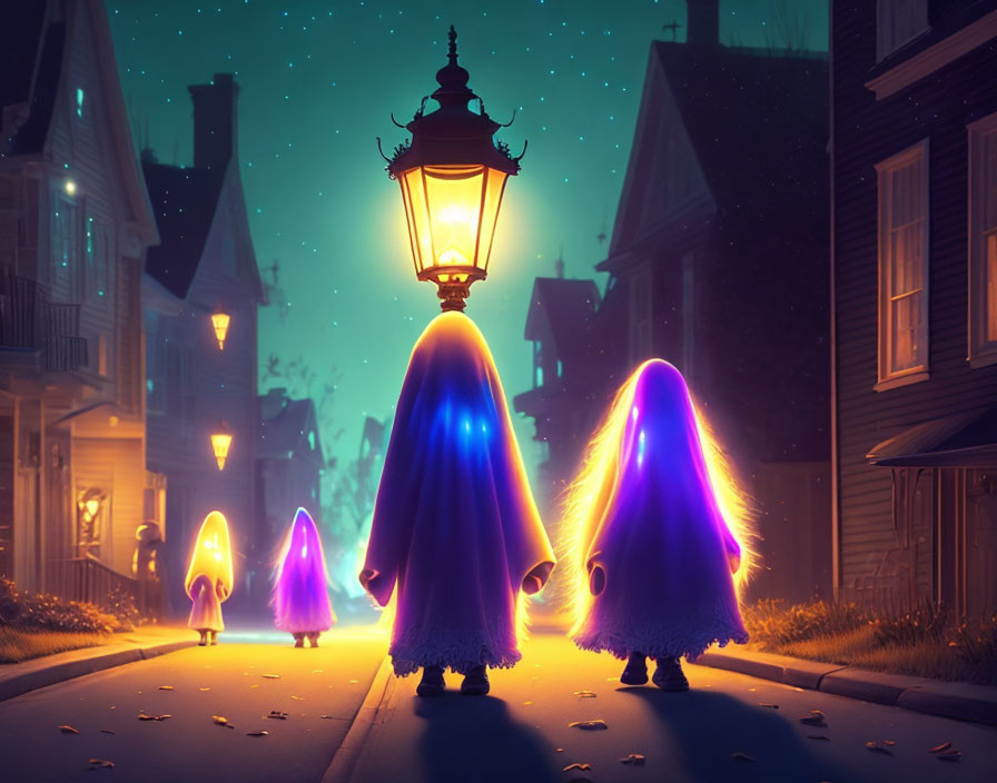 Four glowing ghostly figures stroll under vintage street lamp at night