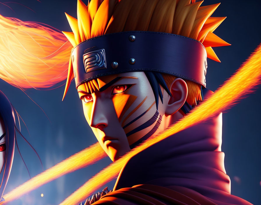 Animated character with spiky orange hair and headband in intense pose amid swirling energy trails