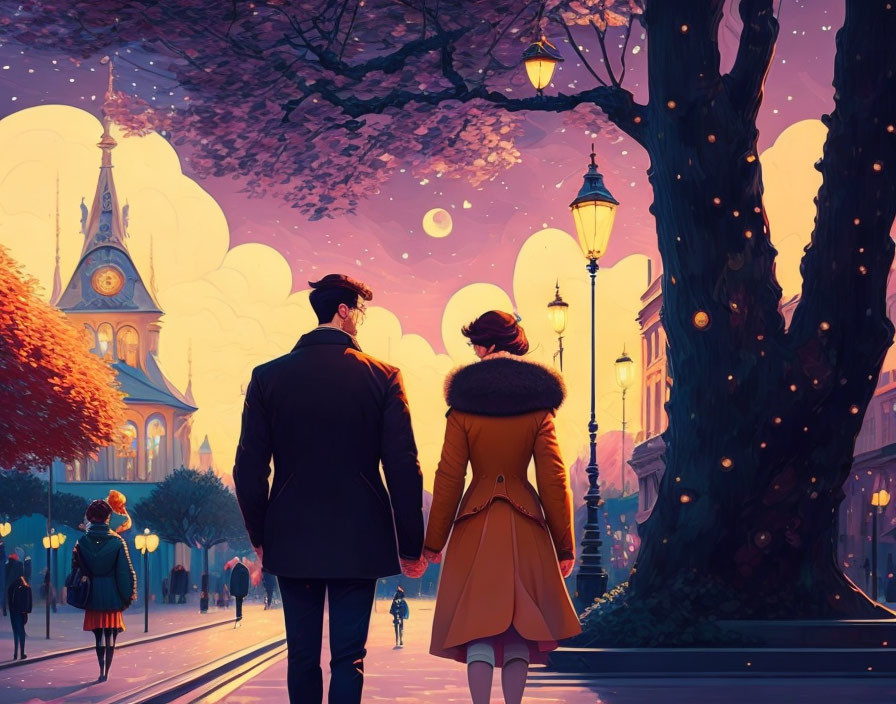 Couple walking down illuminated street at dusk with clock tower view