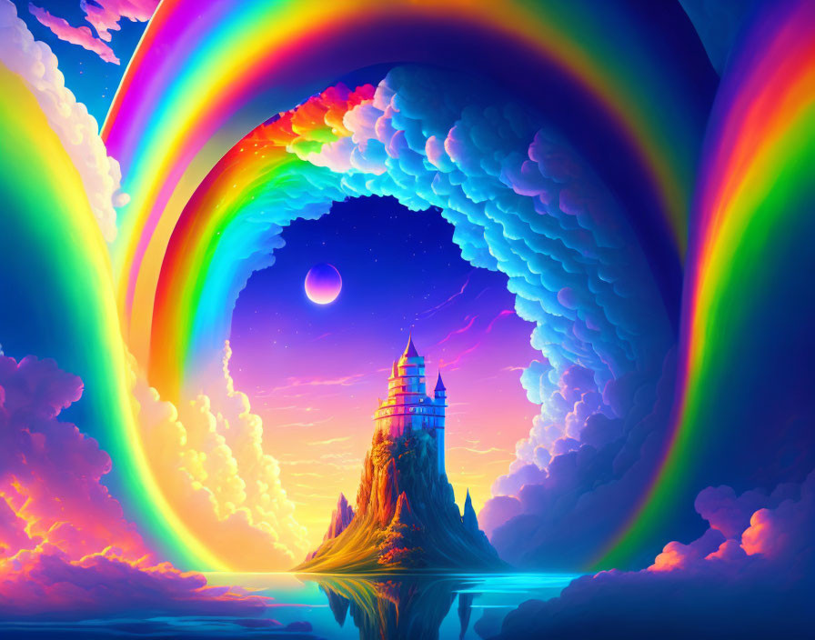 Fantasy landscape with castle, rainbow, sunset sky, and water reflection