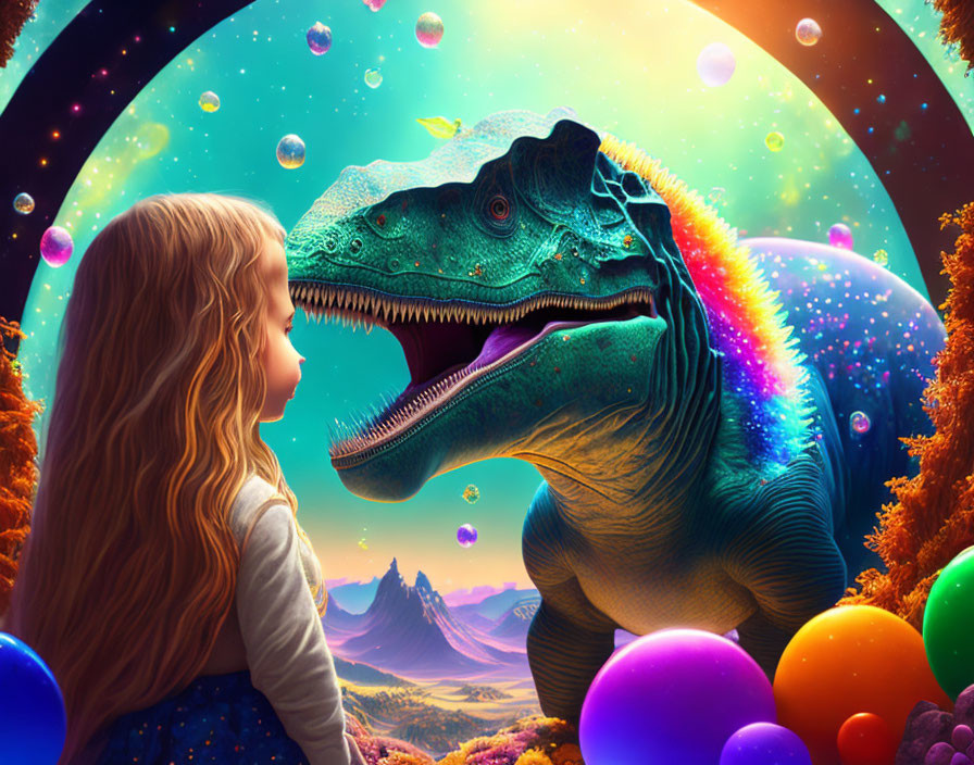 Young Girl Confronts Large Dinosaur in Colorful Landscape