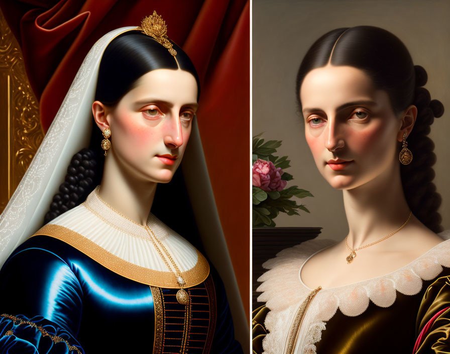 Diptych featuring woman in historical dresses with warm and cool tones