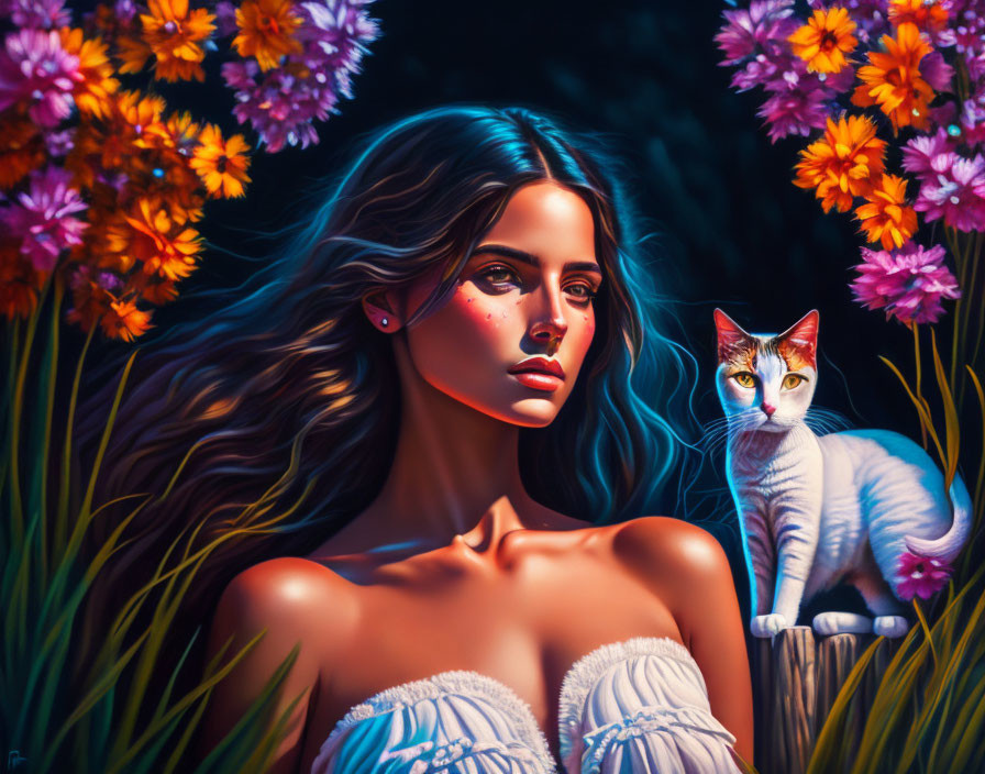 Woman with flowing hair and white cat by colorful flowers at twilight