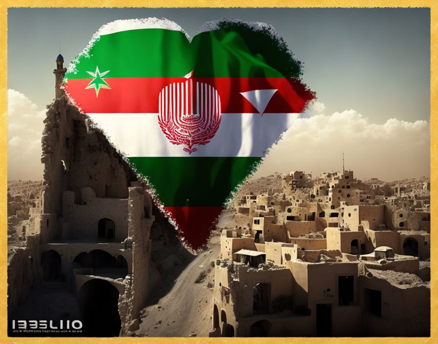 Heart-shaped Iranian flag over Middle Eastern village with minaret