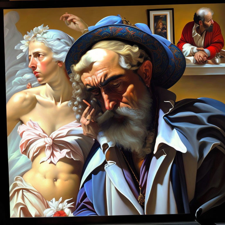 Artistic portrayal: Pensive man in blue hat, woman in white cloth, man in red observed