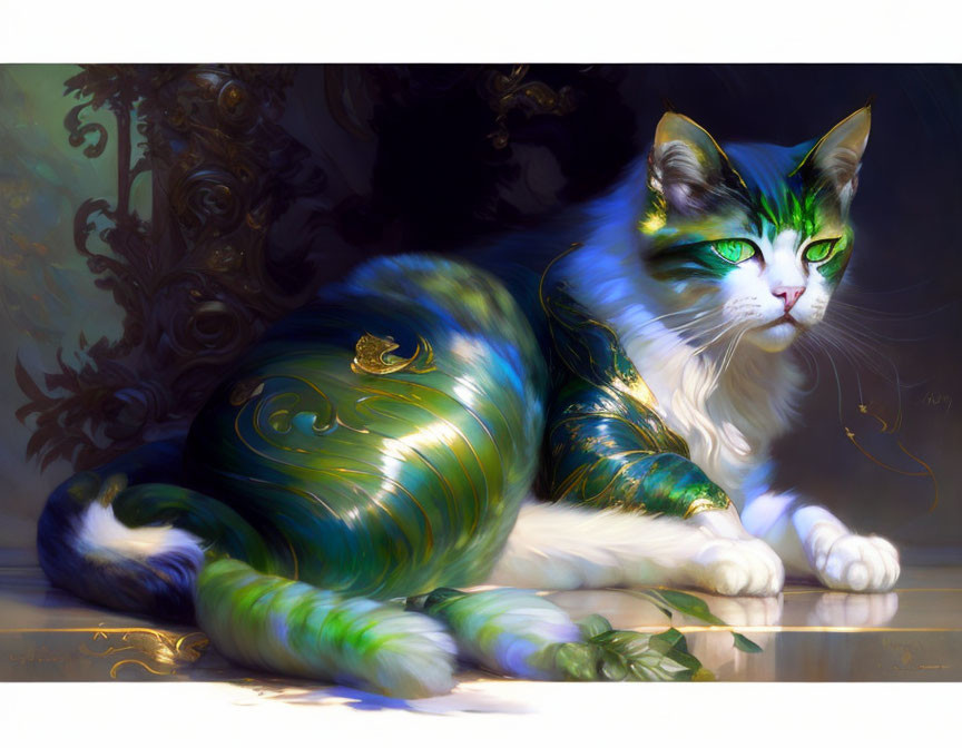 Majestic green and white cat with golden swirl patterns in sunlit room