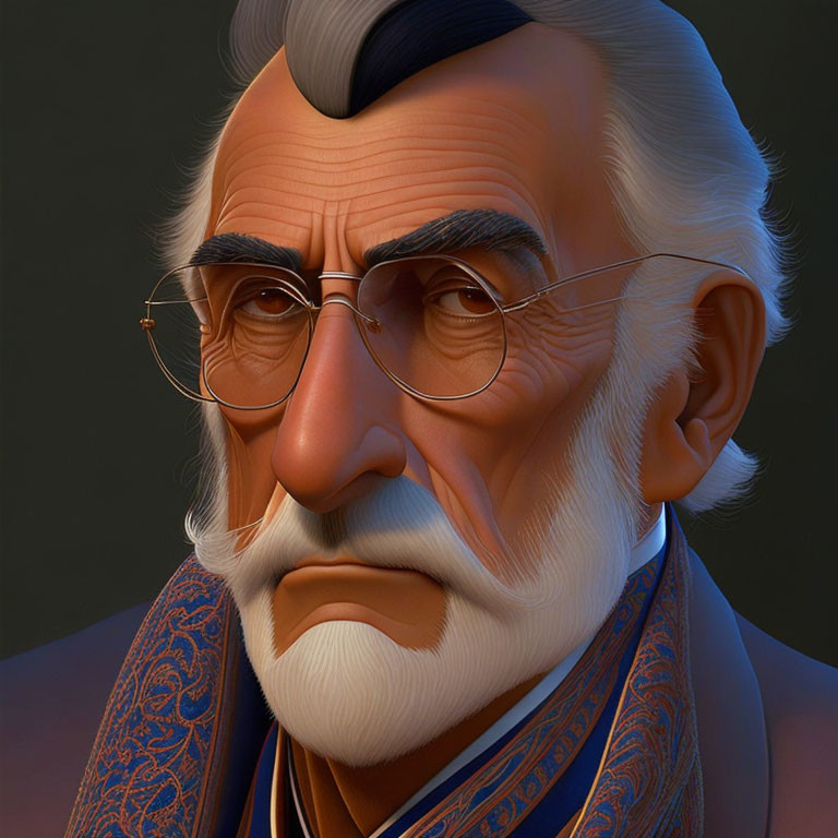 Elderly male character with stern expression, glasses, mustache, and paisley scarf