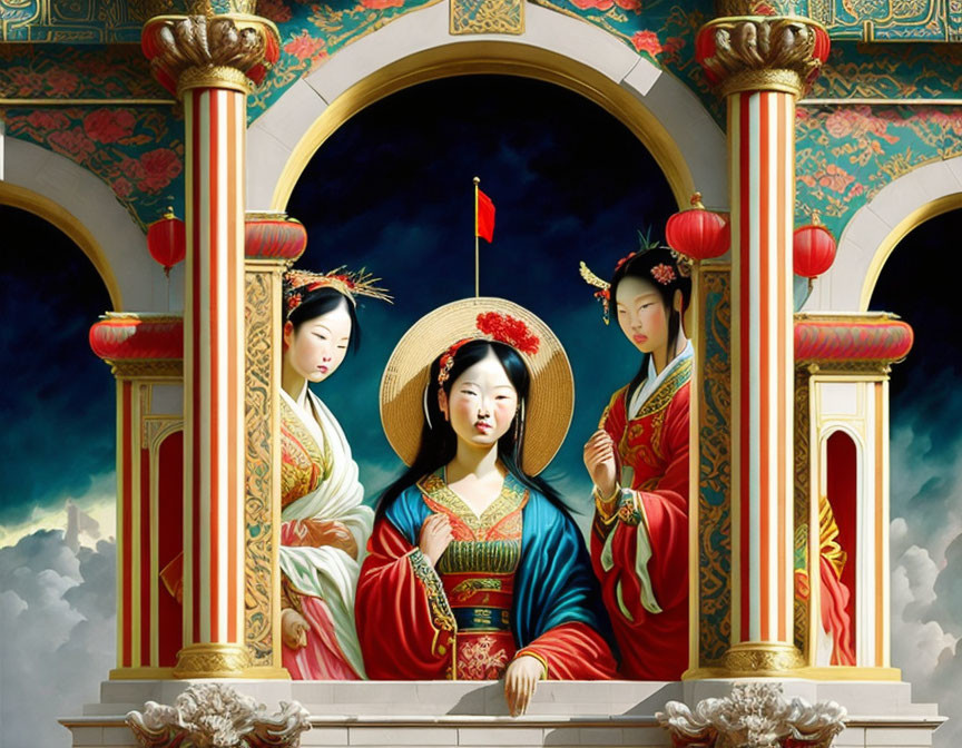 Stylized painting of three women in traditional East Asian attire framed by ornate pillars and archways