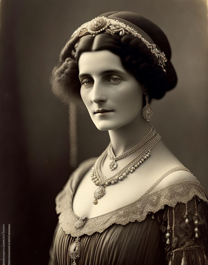 Elegant vintage portrait of woman in intricate headdress and pearl necklace