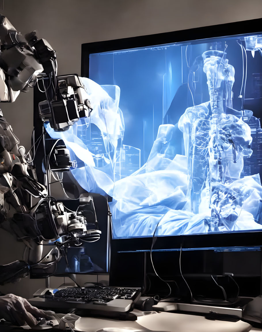 Robotic arm interacts with holographic human anatomy on monitor