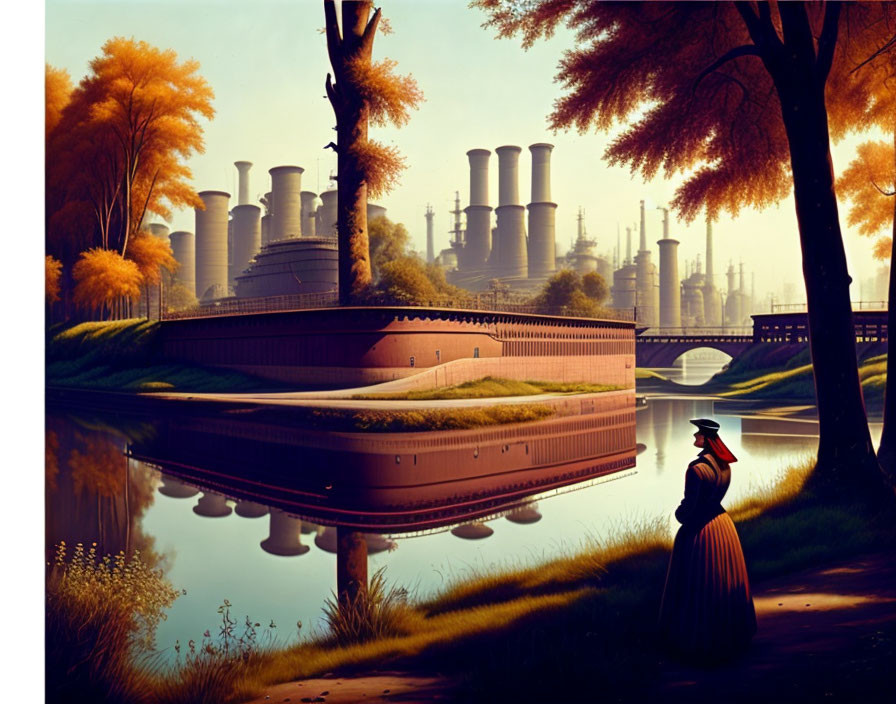 Vintage Attire Figure by River with Autumn Trees and Industrial Complex