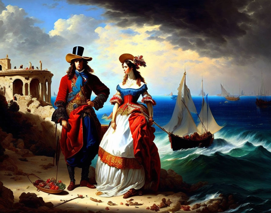 Man and woman in 18th-century attire by stormy sea and ships.