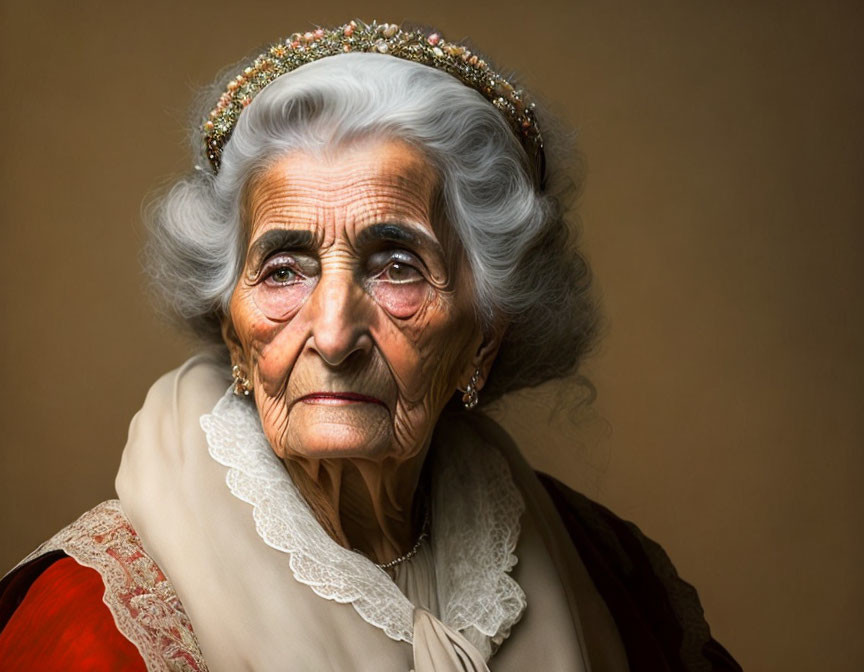 Elderly woman with white hair and tiara in beige shawl and red garment.