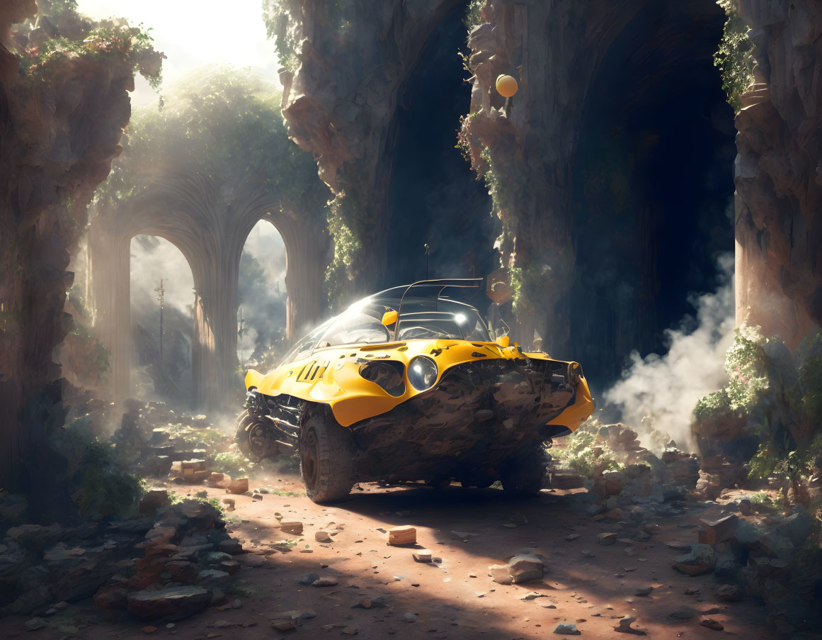 Vintage Yellow Sports Car Suspended in Air Amidst Ruins and Mystical Orbs