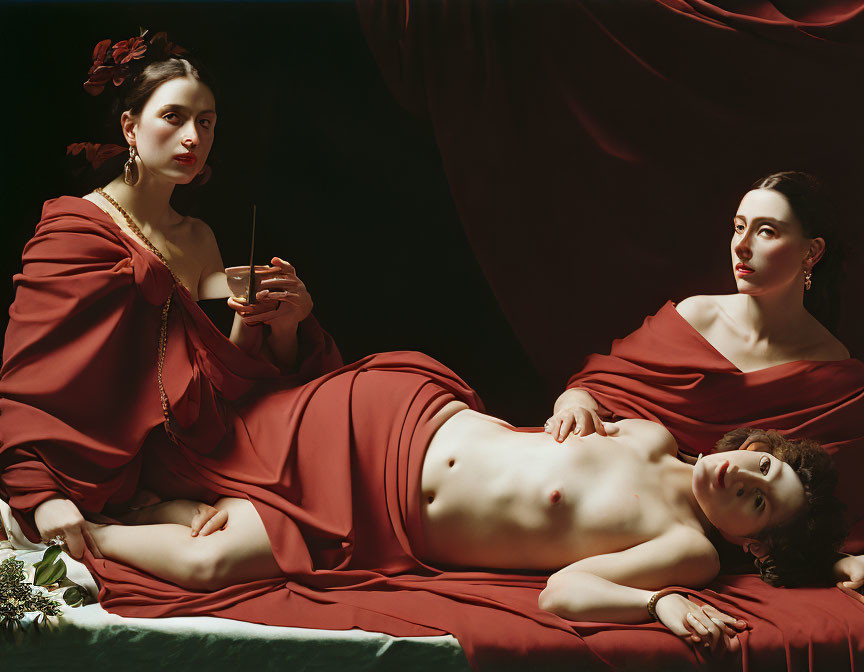 Three individuals in classical attire against a dark backdrop with one reclining, one seated, and another g