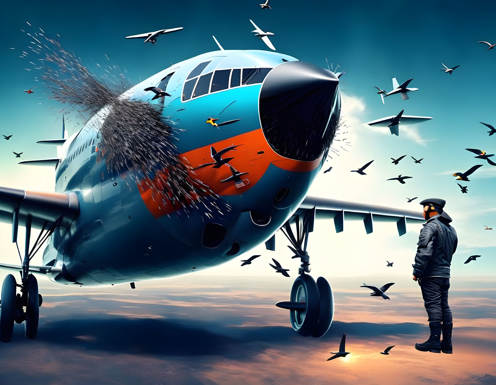 Airplane engine explosion amid birds in dramatic sky