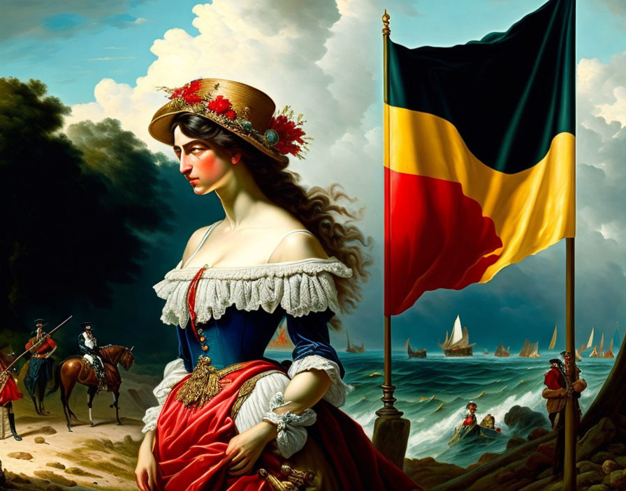 Historical woman in classical dress with flag, coastal scene, ships, and horsemen.