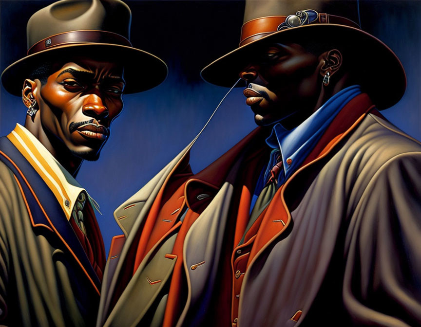 Stylized men in fedoras and trench coats with intense expressions