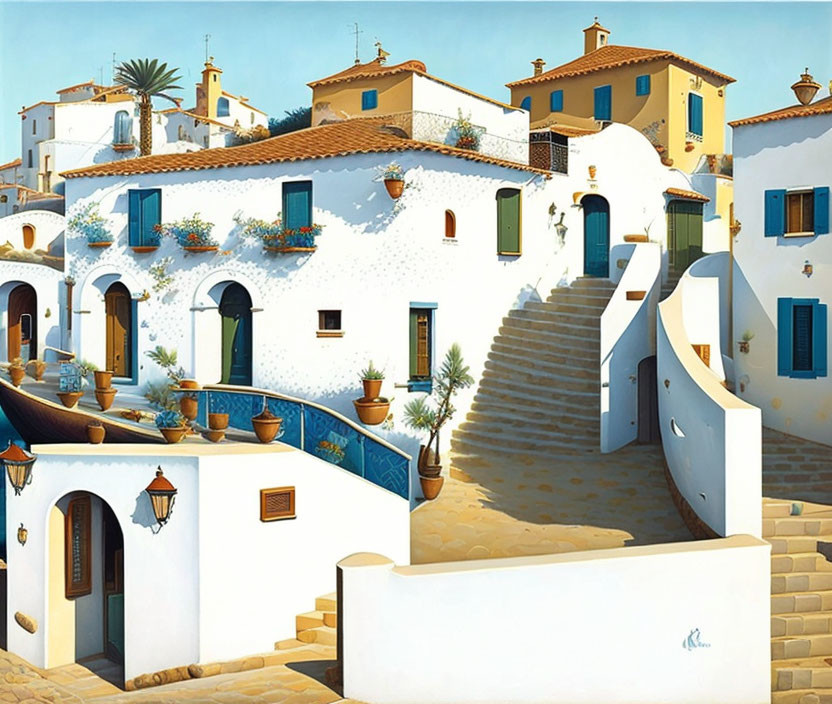 Sunny Mediterranean village with white houses and blue doors