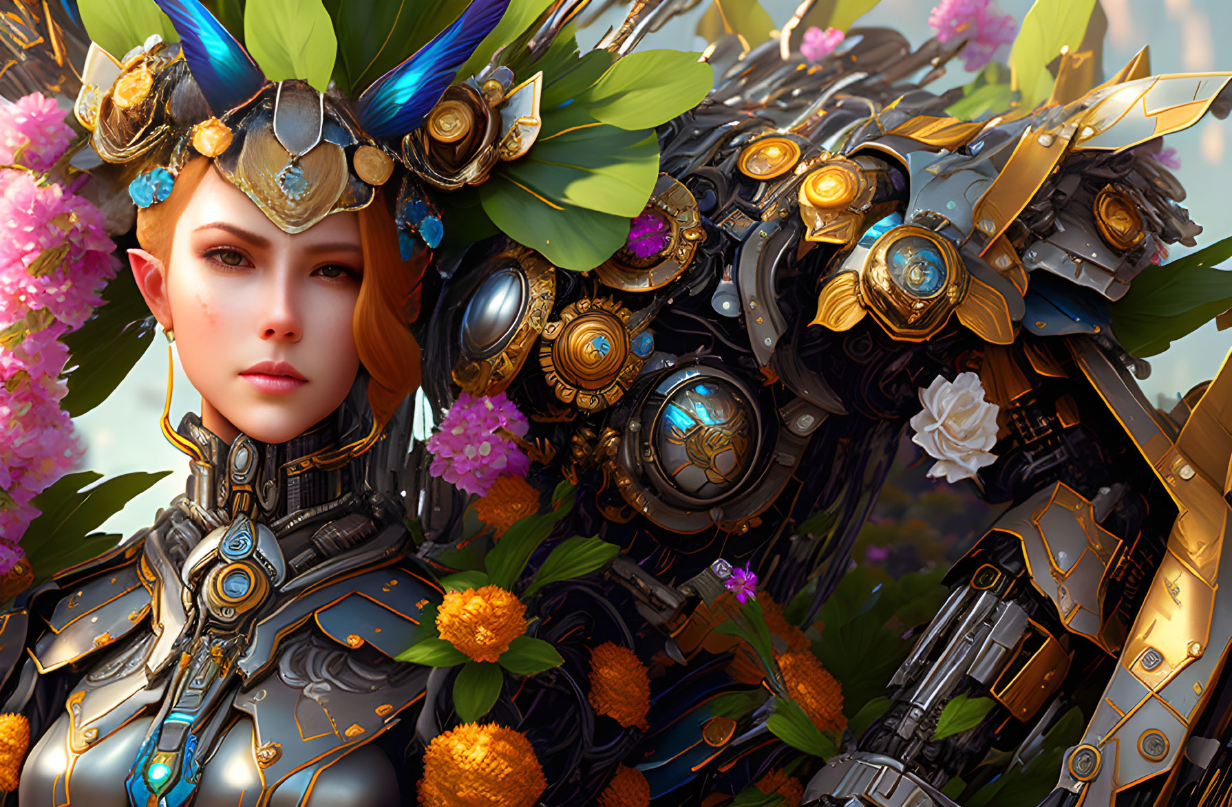 Woman in Golden and Blue Armor with Mechanical Elements in Lush Flora