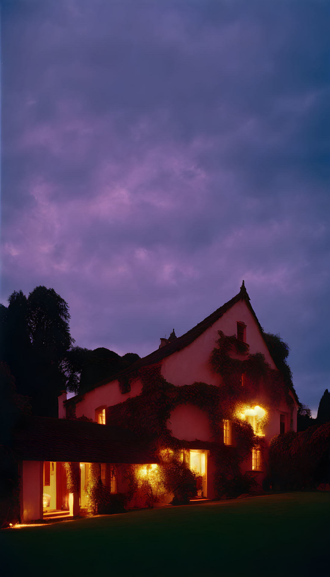 Twilight scene of cozy house with ivy under purple sky