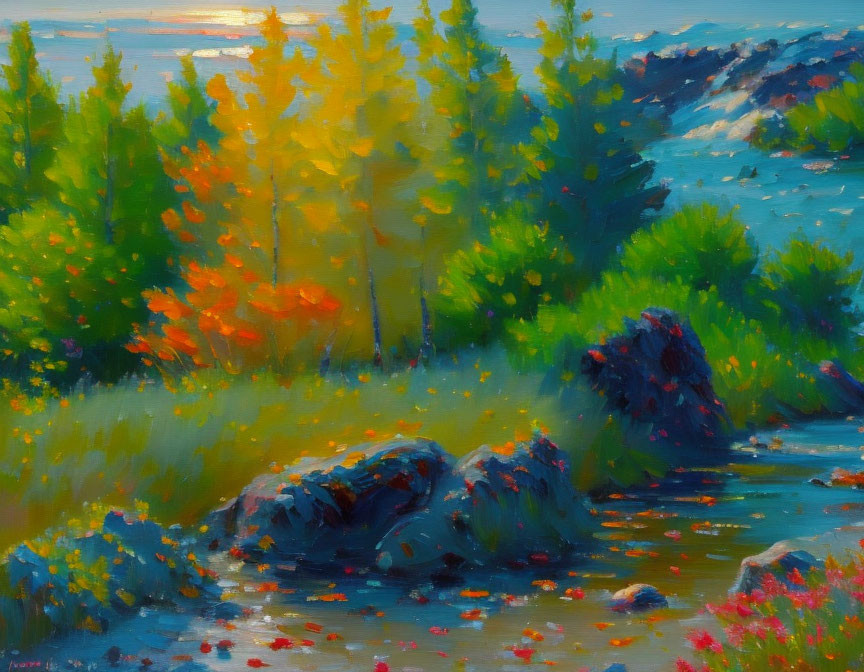 Serene landscape oil painting: sunlit trees, calm river, vivid reflections