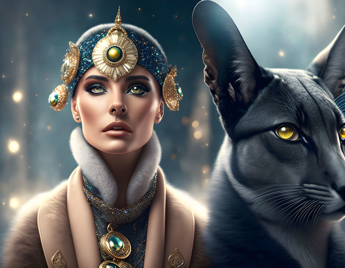 Ancient Egyptian-style jewelry adorns woman with majestic cat in starry background