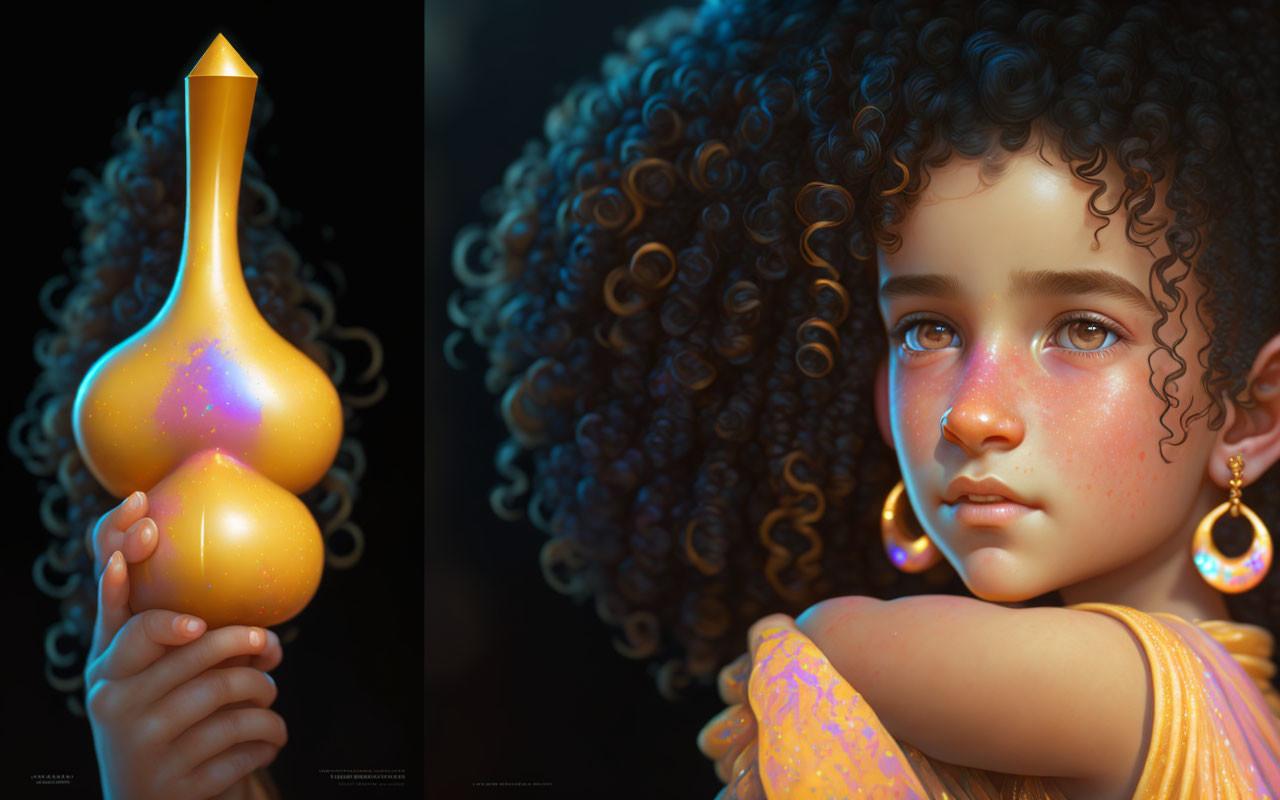 Digital art: Girl with curly hair holding golden lamp