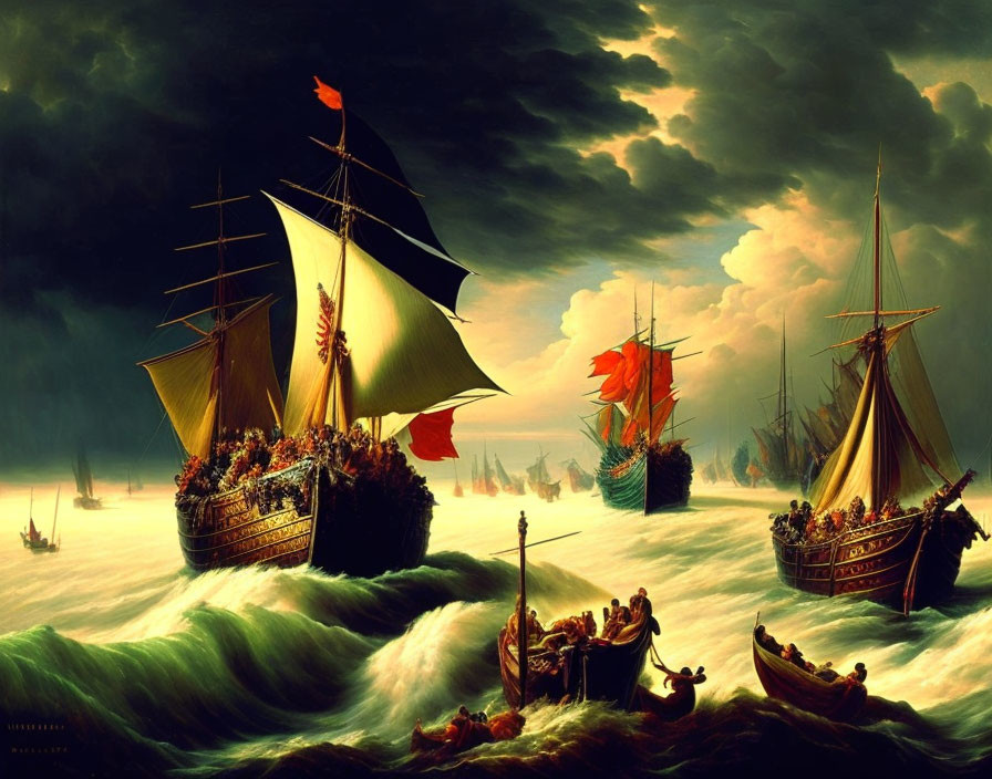 Majestic sailing ships on turbulent seas under dramatic sky