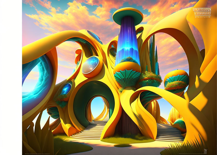 Surreal landscape with orange structures and blue orbs