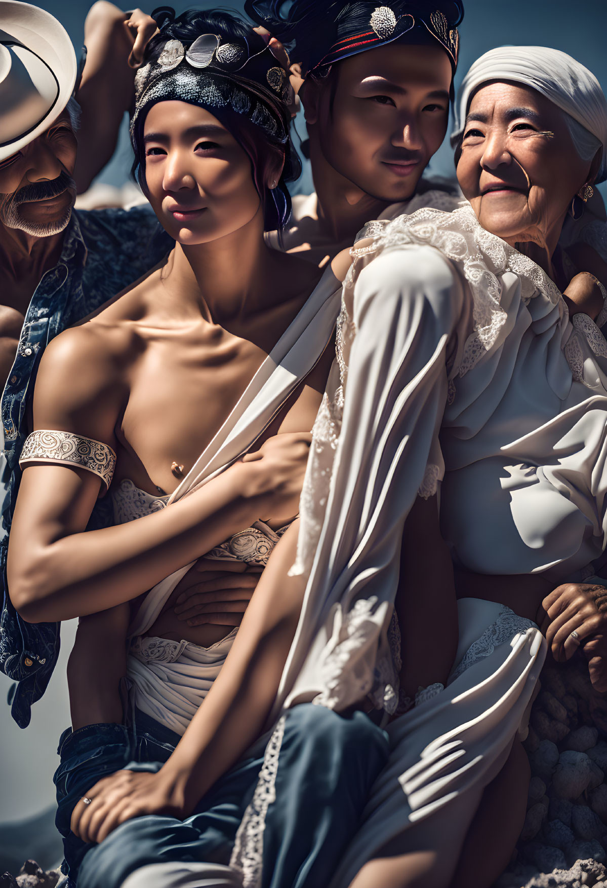 Group of diverse individuals in headscarves and bohemian clothes under clear blue sky