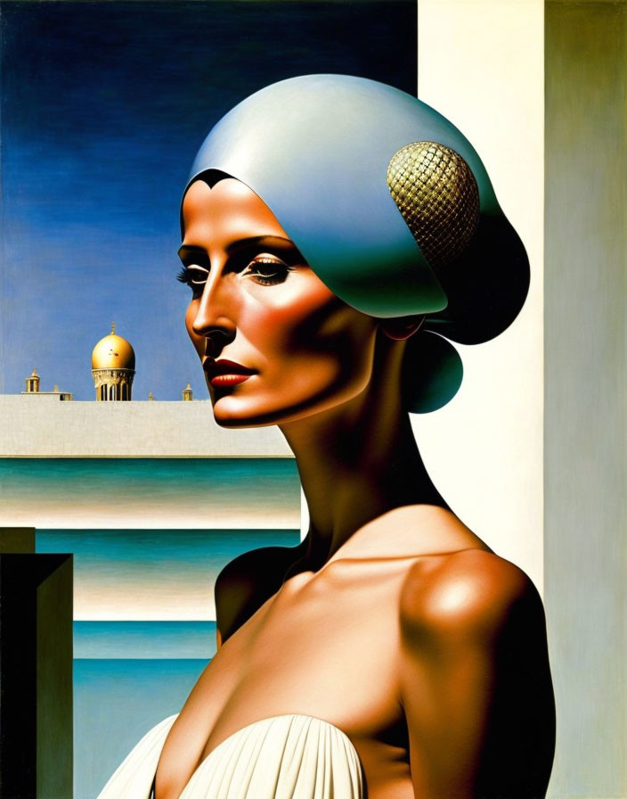 Detailed surreal portrait with woman in cap and mosque dome background