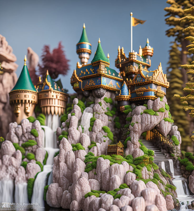 Enchanted castle with colorful towers on rugged cliff in digital illustration