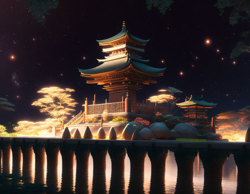 Traditional pagoda illuminated at night near calm water and starlit sky