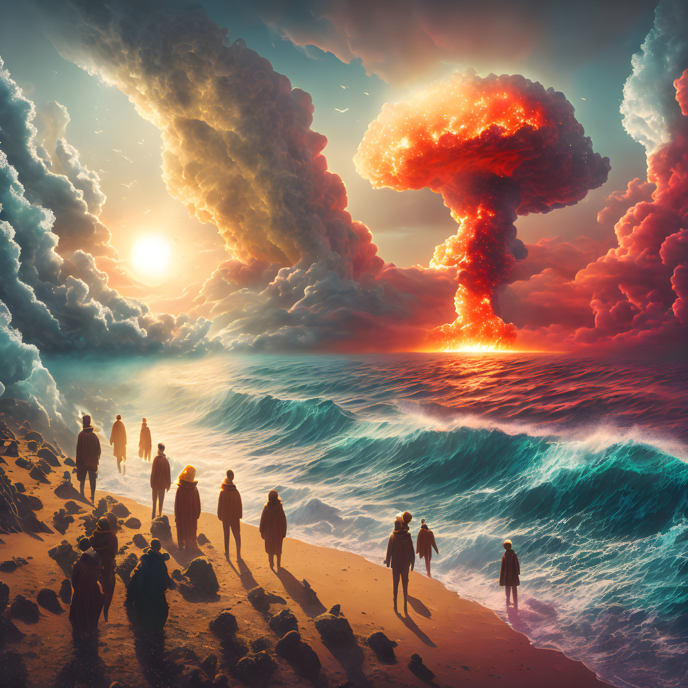 Beach scene with distant explosion's mushroom cloud at sunset