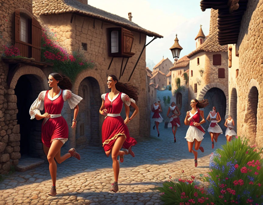 Joyful women running through cobblestone street in European village