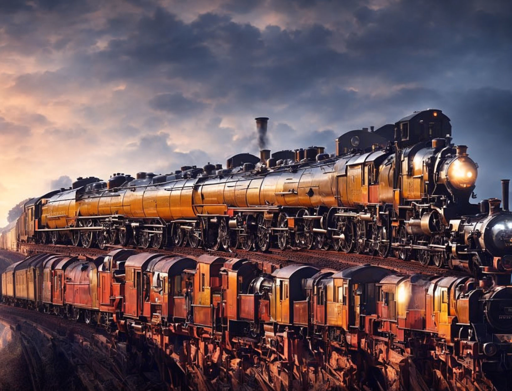 Vintage Steam Locomotive Pulling Red and Brown Freight Cars on Track at Dusk