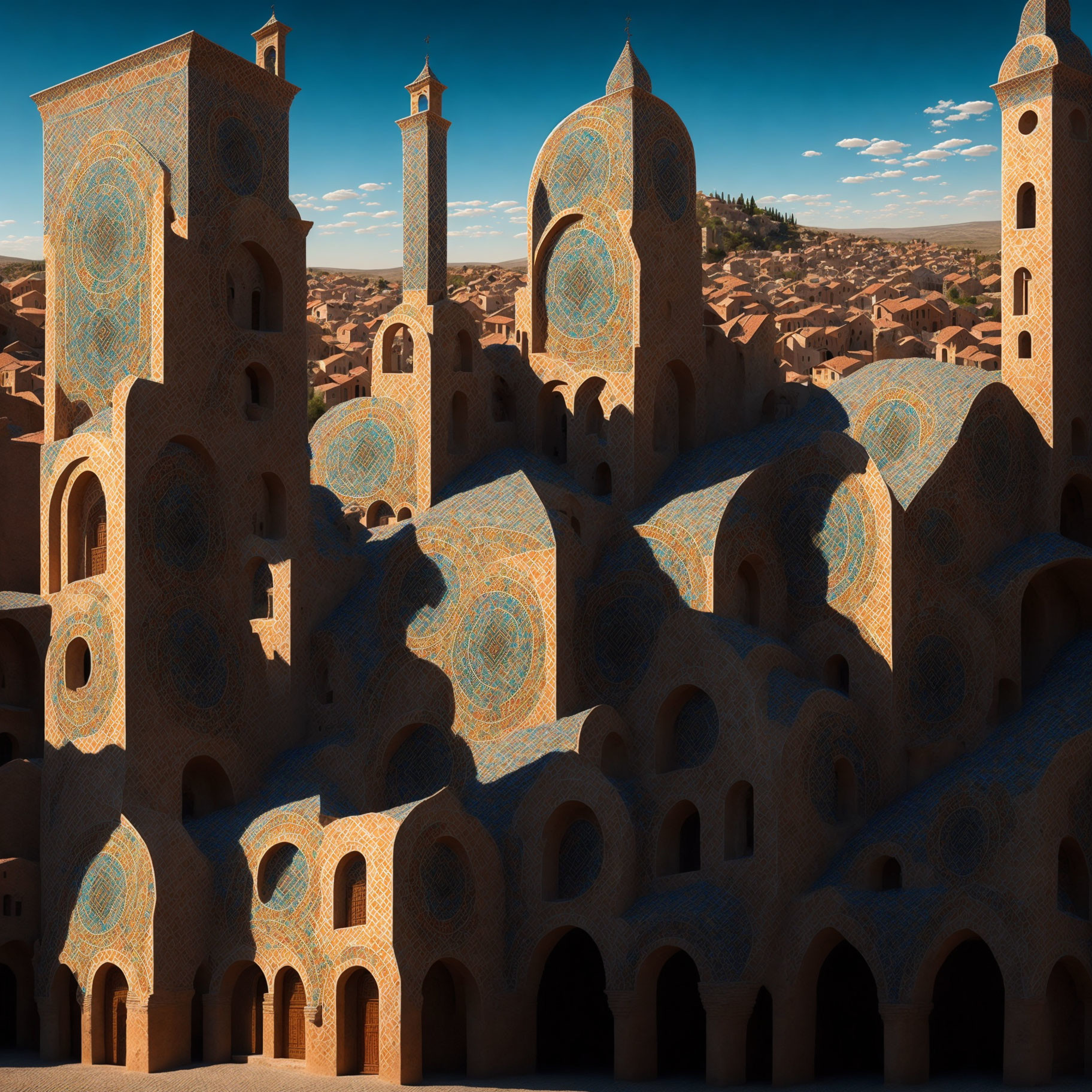 Surrealist landscape with ornate blue mosaic buildings and tall minarets