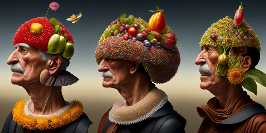 Stylized portraits with fruit, vegetable, and flower hats on gray background