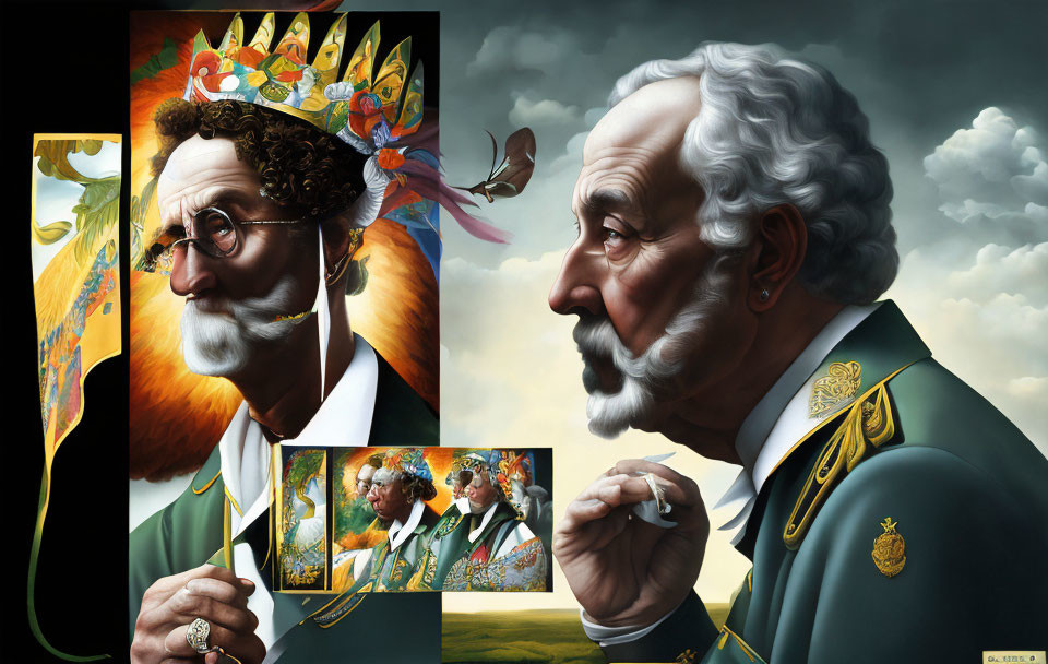 Vibrant surreal portrait of two bearded men with allegorical elements