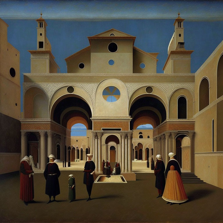 Renaissance-style painting of figures in traditional clothing in Italian palazzo courtyard