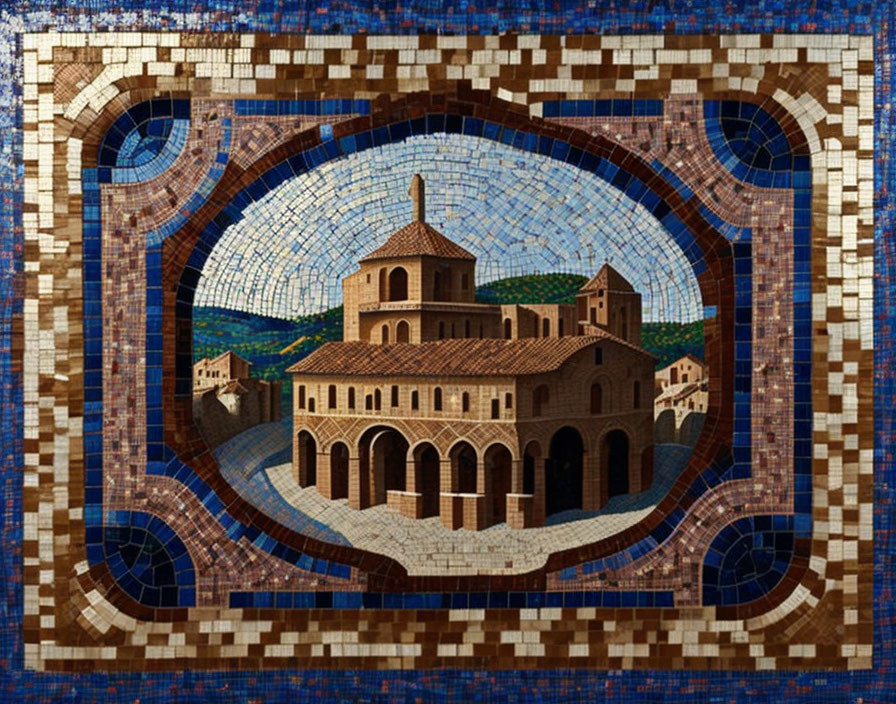 Ancient Building Mosaic with Dome, Arches, and Borders