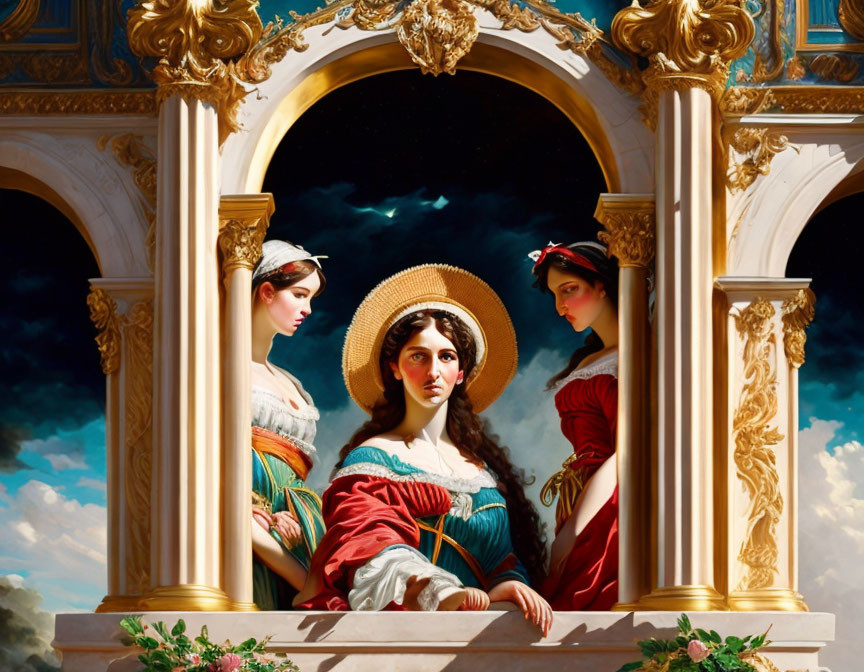 Neoclassical digital artwork of three women under halo, ornate archways, blue sky