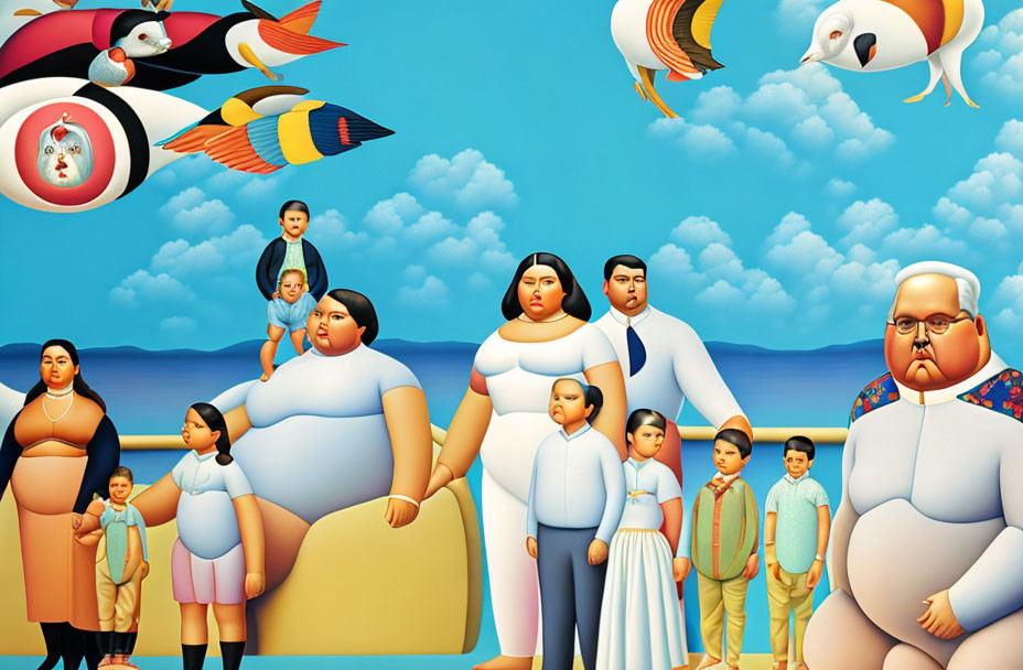 Surreal image of rotund figures in blue outfits with whimsical birds and fish above sea backdrop