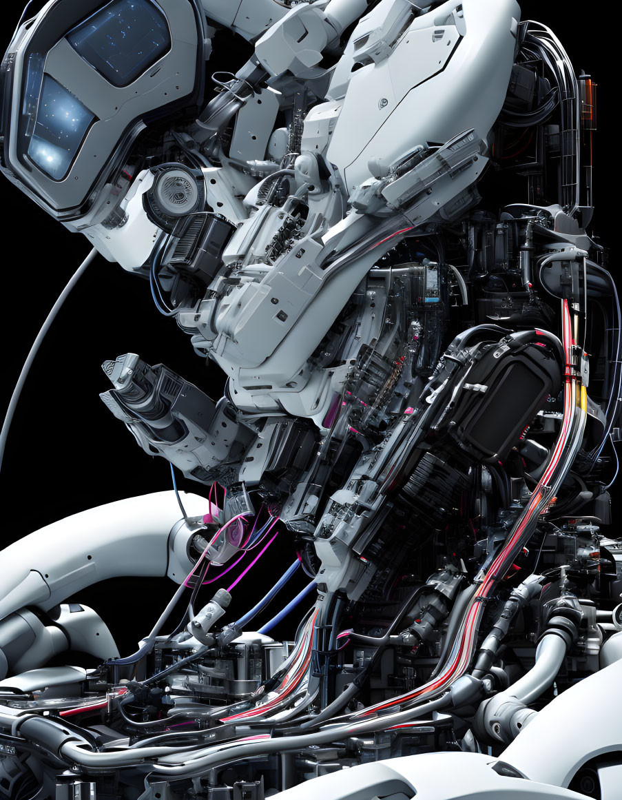 Detailed robotic figure with intricate mechanical components and armor-like plating in white and black.