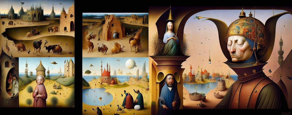 Surreal triptych painting: landscapes, castles, animals, and playing cards; central