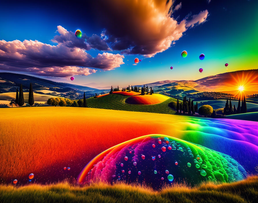 Colorful landscape with hills, trees, rainbow, bubbles, and dual sunsets.