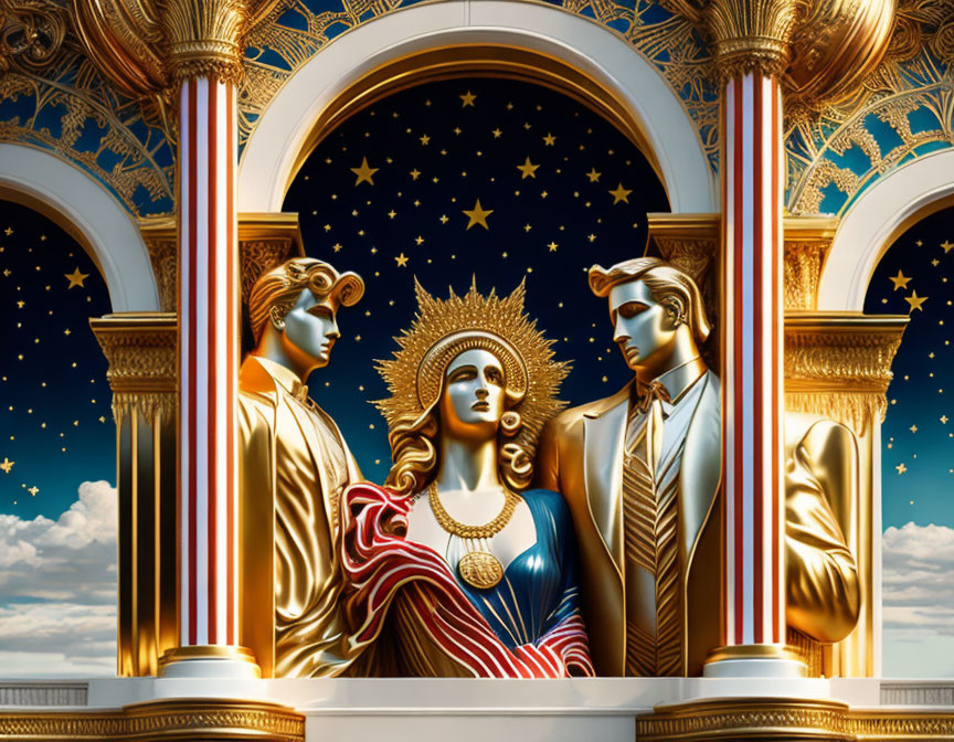 Detailed classical illustration of three figures in gold attire against starry backdrop